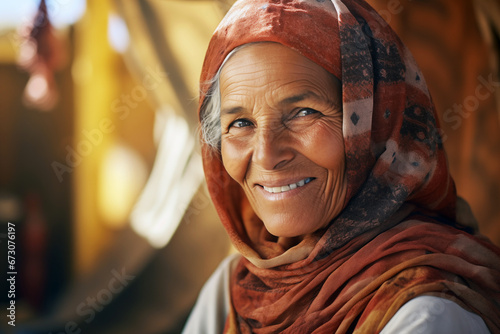 Smiling Arab elderly woman. Veiled Muslim woman. Old person. AI.