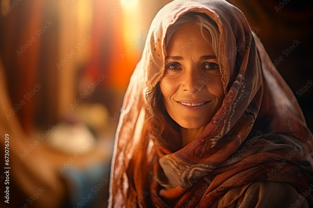 Smiling Arab elderly woman. Veiled Muslim woman. Old person. AI. Smiling Arab elderly woman. Veiled Muslim woman. Old person. AI.