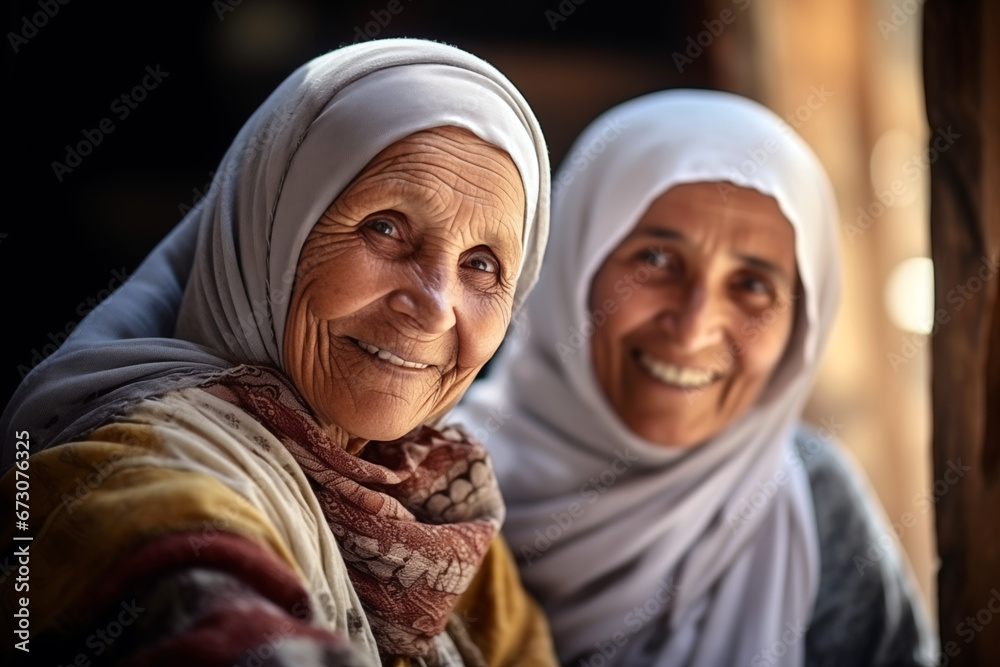 Smiling Arab elderly woman. Veiled Muslim woman. Old person. AI. Smiling Arab elderly woman. Veiled Muslim woman. Old person. AI.