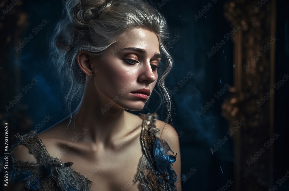 Fototapeta premium Crying blonde woman. Sad eye crying face adult. Generate Ai