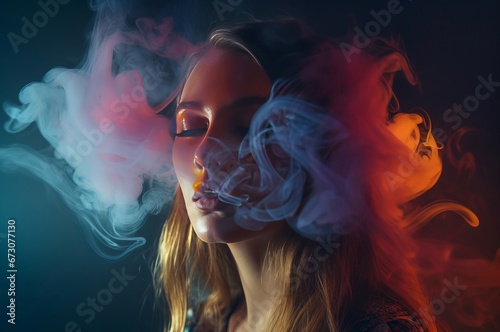 Fine art woman photo in smoke lighting. Flowing hot lady alone fashion. Generate Ai