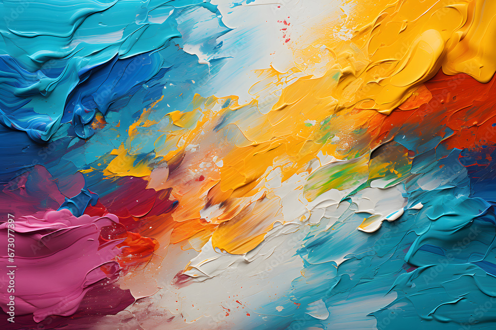 Various vibrant paint splashes on a canvas.