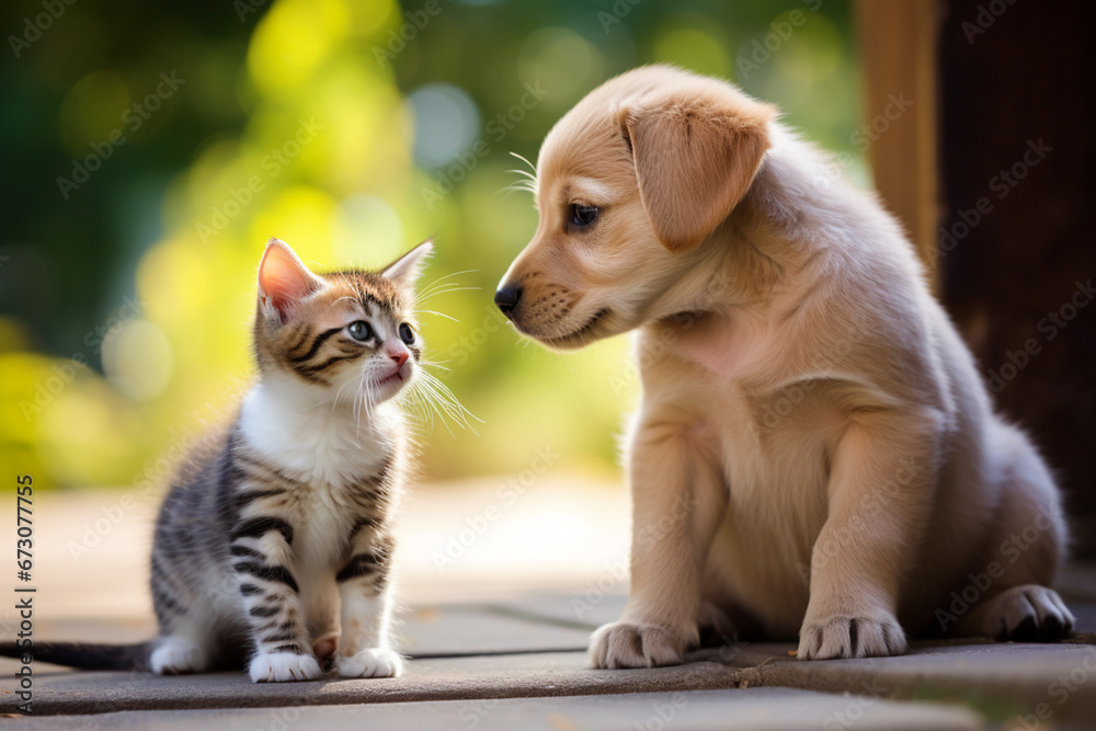 見つめ合う可愛い仔犬と猫 見つめ合う可愛い仔犬と猫