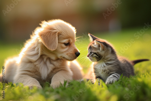 見つめ合う可愛い仔犬と猫