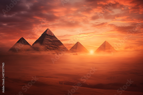 shot of the pyramids at dawn  shrouded in mist and mystery  highlighting their timeless grandeur.