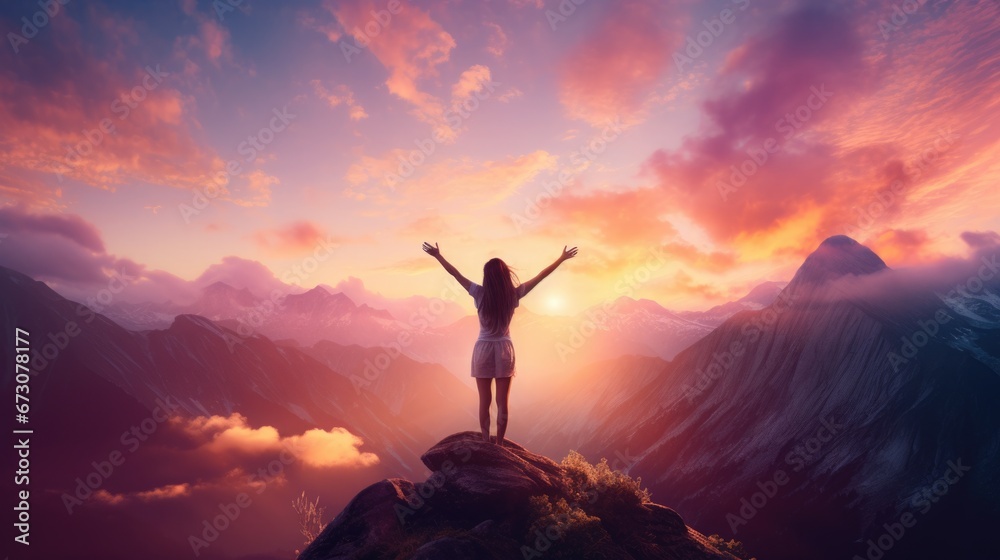 Silhouette of a confident woman standing atop a mountain with a pastel-colored sky, representing empowerment and freedom - obrazy, fototapety, plakaty 