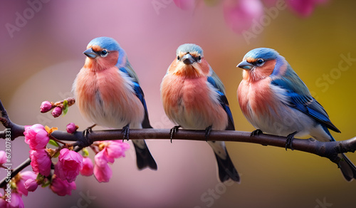 more small funny birds canaries in Spring © Goodhim
