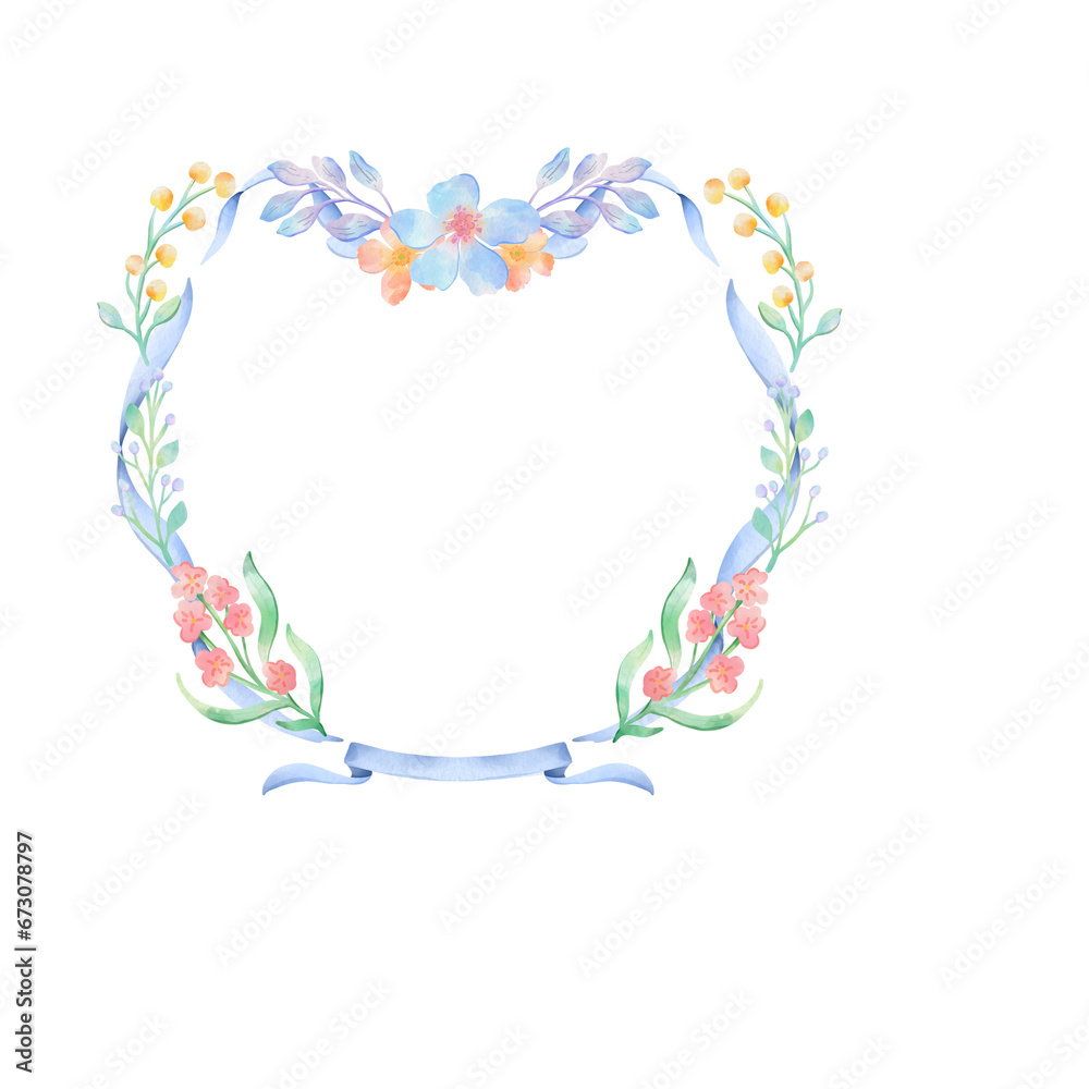 Watercolor floral frame with ribbon perfect for wedding invitation, decoration, card, stationery 