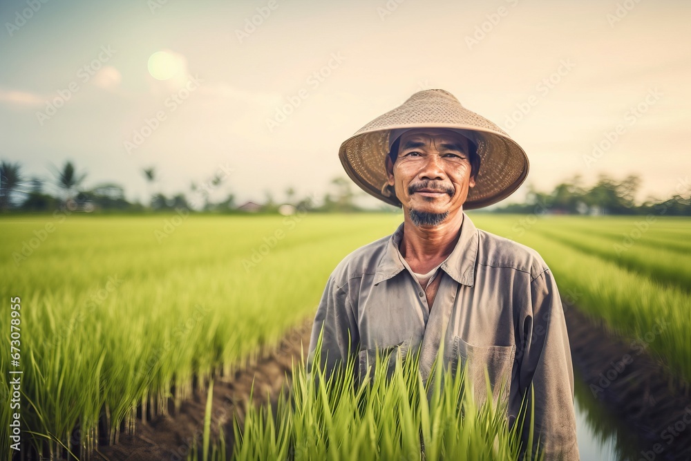 Thai rice farmer photo shot. Worker cereal labor farmland. Generate Ai
