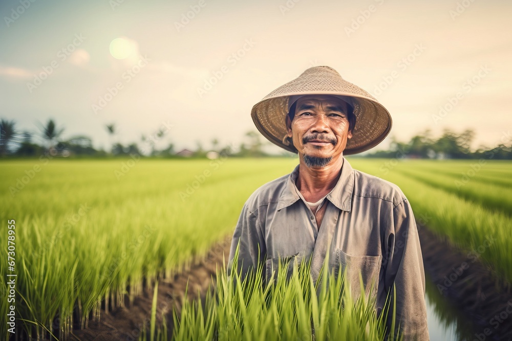 Thai rice farmer photo shot. Worker cereal labor farmland. Generate Ai Thai rice farmer photo shot. Worker cereal labor farmland. Generate Ai