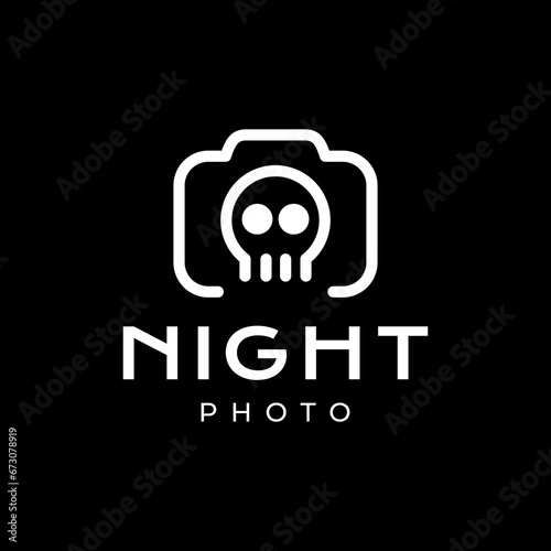 skull with camera photography night scare minimal simple line style logo design vector icon illustration
