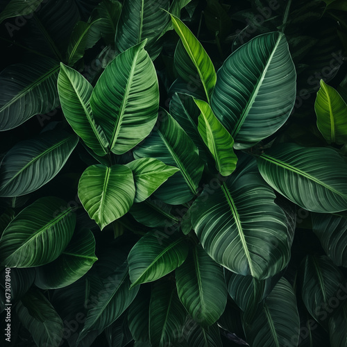 Background with tropical green leaves, atmospheric top view of exotic forest plants.