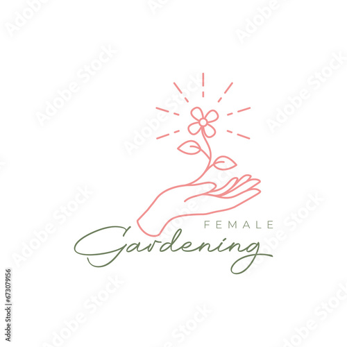 female hand with flower growth feminine line style simple logo design vector icon illustration