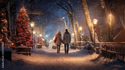 Illuminated winter scene, couple walking hand in hand. Snow-covered town ambiance.