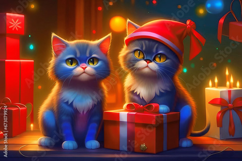 Beautiful cute cats with Christmas gifts in a festive interior