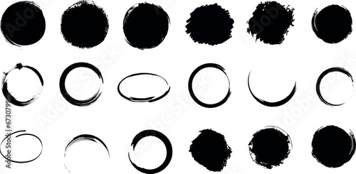Brush Strokes Vector Illustration, Black Circles on White Background, Artistic abstract design with black brush strokes and circles, Ideal for modern design projects, backgrounds, and more. photo