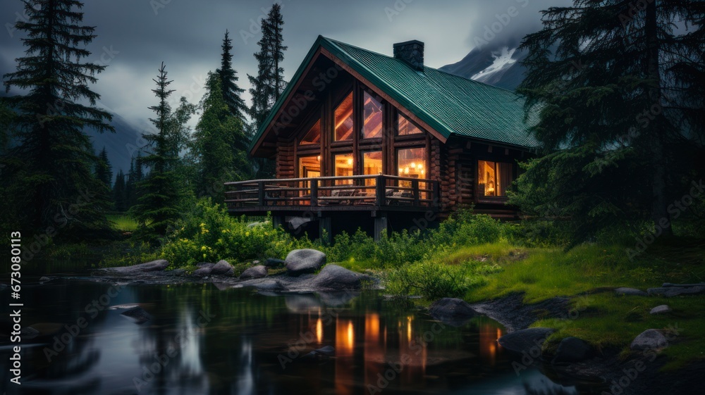 Rustic Alaskan cabin surrounded by scenic nature and offering solitude in the isolated timberland.