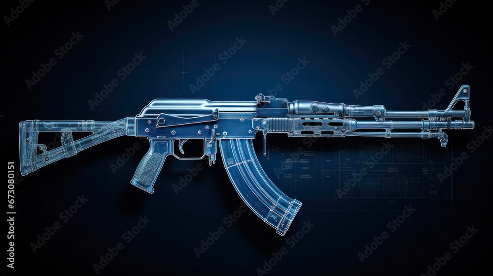 Schematic AI-Generated AK-47 Illustration with Blueprint Details - obrazy, fototapety, plakaty 