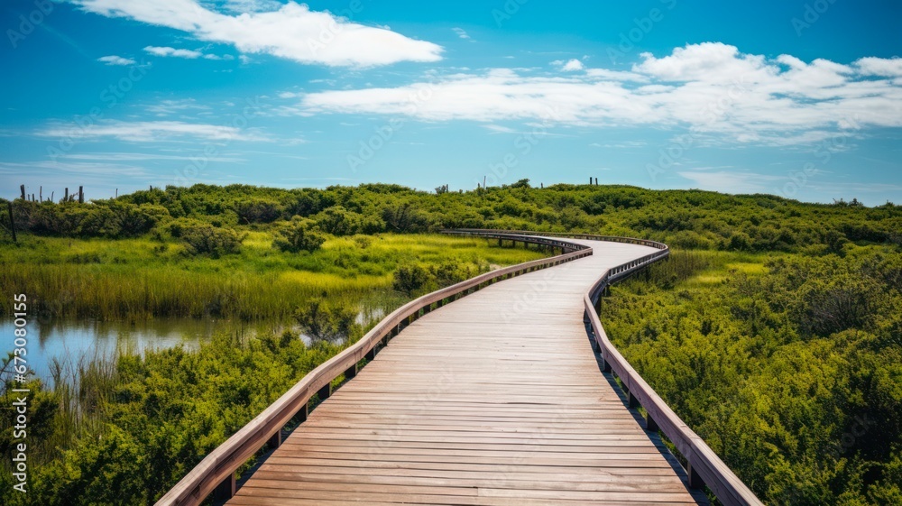 Scenic Boardwalk amidst lush shrubs in Aransas National Wildlife Refuge, Texas