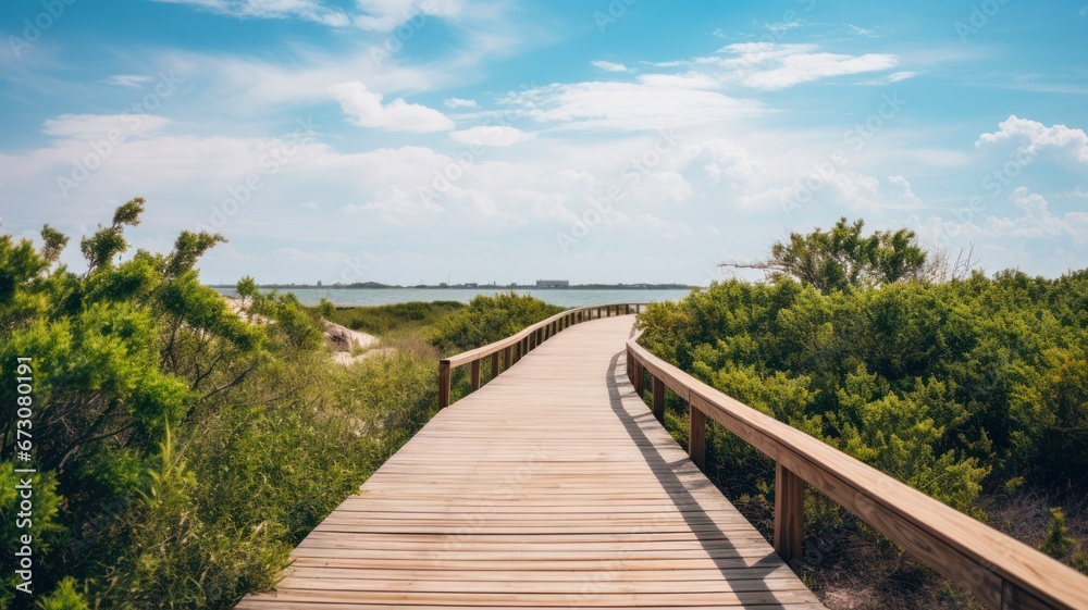 Serene Aransas Boardwalk with Lush Shrubs at National Wildlife Refuge in Texas Serene Aransas Boardwalk with Lush Shrubs at National Wildlife Refuge in Texas