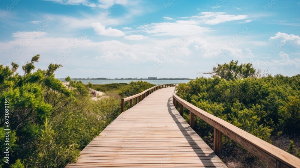 Serene Aransas Boardwalk with Lush Shrubs at National Wildlife Refuge in Texas