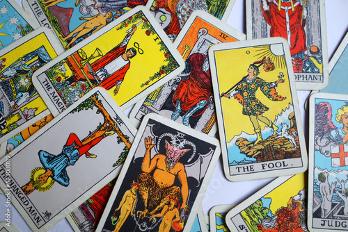 Unsorted Rider Waite tarot cards from the Major Arcana