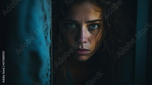 Scared Woman Hiding in Dark Closet with Frightened Expression all Alone at Home.