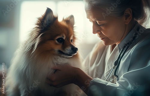 Veterinarian soothes furry patient. Care clinic pet canine specialist. Generate Ai