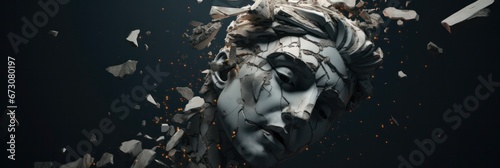 Shattered Ancient Greek Statue Head Fragmented Among Monitors in Generative AI Image.