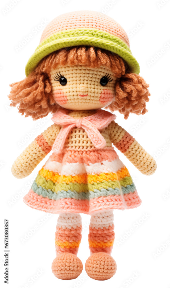 Fototapeta premium Knitted, soft, rag cute doll girl in a green and pink hat and a colorful pastel dress. Isolated on a transparent background.