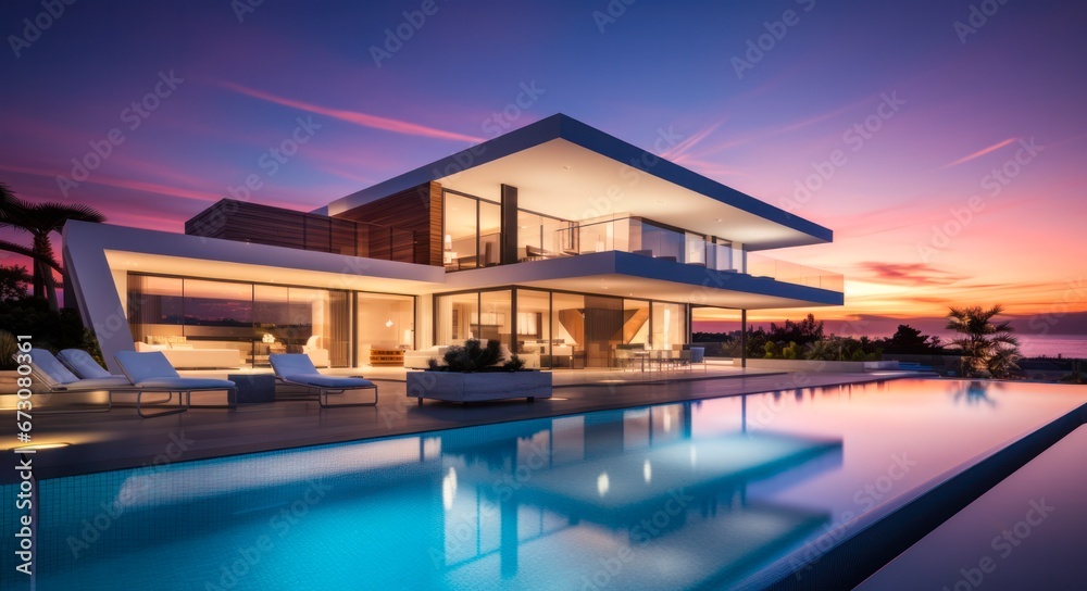 Fototapeta premium Stunning Sunset View of Minimalist Cubic Villa with Outdoor Swimming Pool.