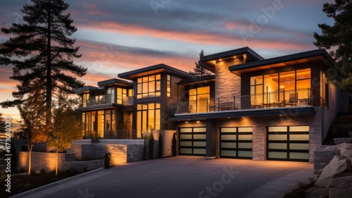 Stunning Contemporary Mansion with Three Levels and Stone Trim at Dusk, Boasting a Triple Vehicle Garage, Dual Stories, and Scenic Backdrop of