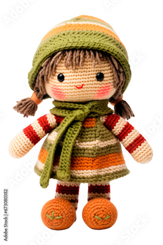 Knitted, soft, rag doll of a girl in a dress and a hat with a scarf. Isolated on a transparent background.