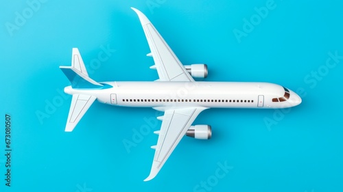 Top-View White Airplane Model on Pastel Blue Background - Perfect for Summer Travel and Vacation Concept!