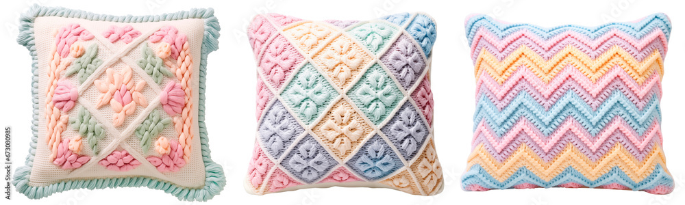 Set of knitted pillows with geometric patterns. A collection of pastel large knit pillows for decorating a living room, sofa and bed. Isolated on a transparent background.