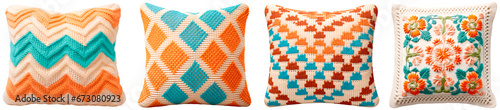 Set of knitted blue and orange square pillows. A collection of chunky knit pillows with geometric patterns. Isolated on a transparent background. photo