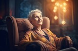 Aged woman relaxing in armchair. Home relax in sunny morning casual. Generate Ai
