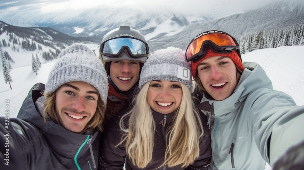Group of friends in winter clothes smiling and having fun in the snow mountain on a ski holiday. Group of friends in winter clothes smiling and having fun in the snow mountain on a ski holiday.