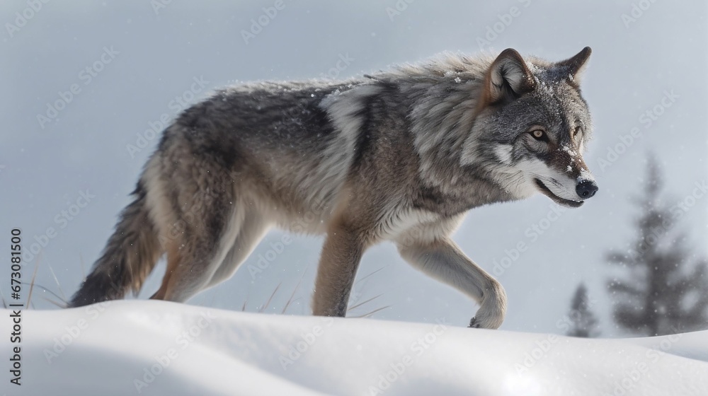 AI generated illustration of a majestic gray wolf walking across a winter landscape AI generated illustration of a majestic gray wolf walking across a winter landscape