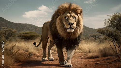 AI generated illustration of a beautiful powerful majestic lion on a field