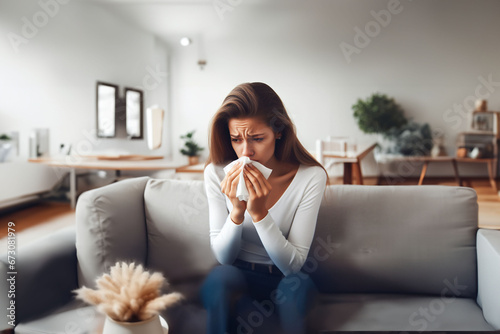 Très jolie jeune femme brune, brunette, assise dans son salon sur sa banquette, en train de se moucher car elle est malade ou allergique aux graminées qui sont devant elle. photo