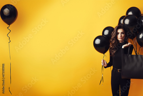 Belle et jeune femme brune habillée en noir portant un sac de shopping sur l'épaule et des ballons baudruches noirs sur un fond jaune moutarde. Shopping, black Friday, Soldes - Espace texte