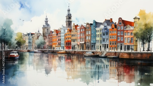 An Amsterdam illustration in colorful watercolor paints, isolated on a white background