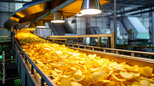 Potato chips production line at the factory. potato chips and snacks. Generative AI photo