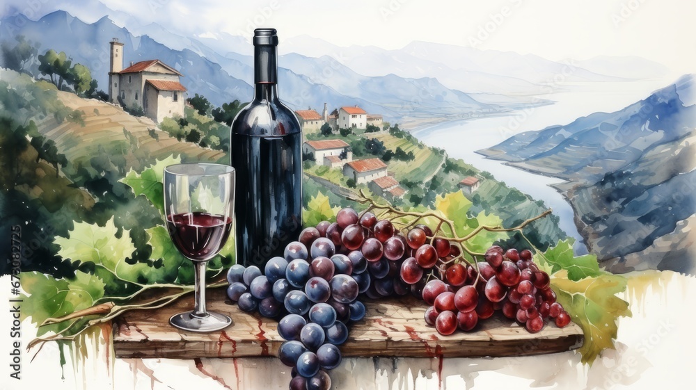 Rural Harvest: Refreshing red wine from the vineyard. Blue grapes with a red wine bottle in watercolor with landscape view.