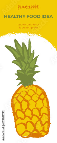 Template pineapple banner, sunny pineapple illustration, hand drawn vector exotic fruit for vegan vertical banner, juice or jam label design. Natural ananas background for healthy food packaging.