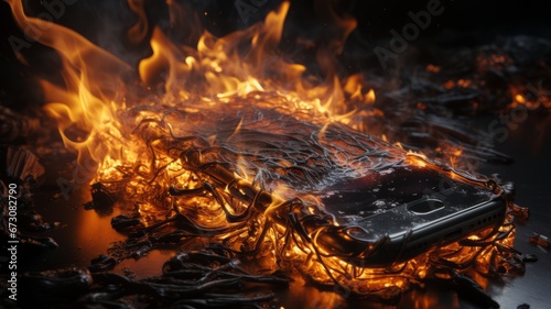 Burning cell phone. Mobile phone on fire. Burning smartphone.