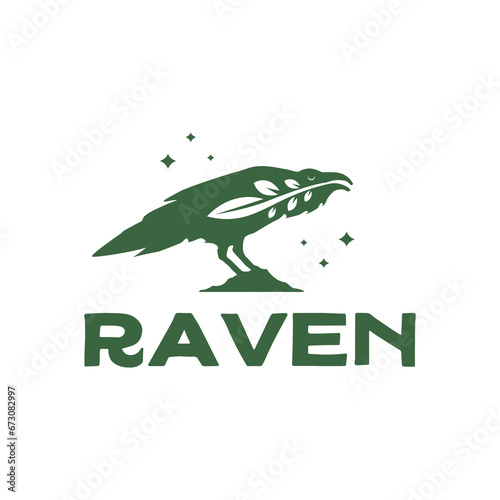 raven crow bird leaves perched mascot character vintage style logo design vector illustration