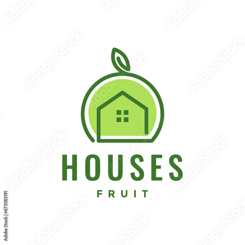 house fruit store colorful leaves line style simple minimalist logo design vector illustration