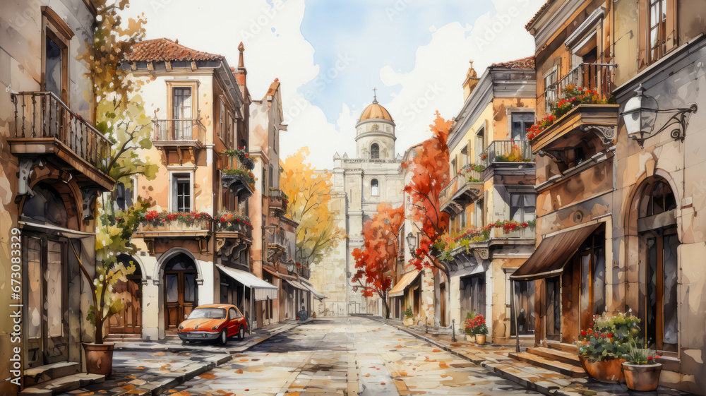 Watercolor painting of a city streets in autumn